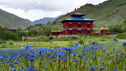 Red temple with blue roof in mountain valley