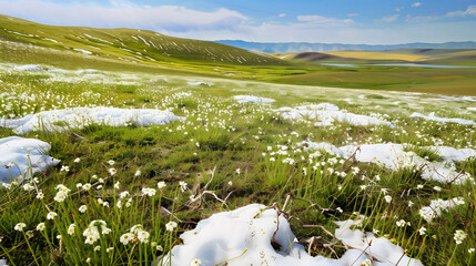 Snow patches in green meadow with hills