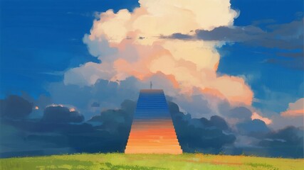 A pyramid-shaped structure rises from a grassy field under a dramatic sky with colorful clouds at sunset.
