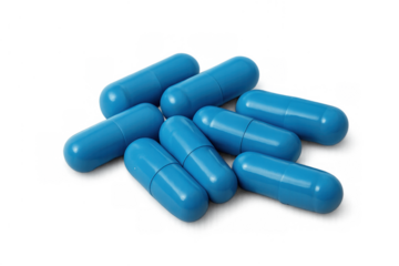Blue capsules showing medicine, drugs, pharmacy, health, and healthcare concept. Transparent background