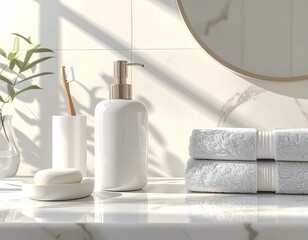 Fototapeta premium Elegant Minimalist Bathroom Interior Design with Pristine White Marble Countertop, Fresh Towels, and Essential Toiletries Bathed in Natural Light, Creating a Relaxing Ambiance