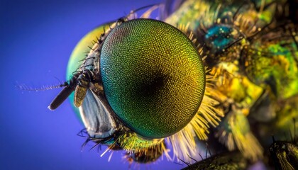 Intricate Macro Vision Extreme Close-Up of a Fly's Iridescent Compound Eye, Shimmering with Vibrant Emerald and Sapphire Tones, Showcasing Nature's Microscopic Beauty