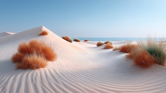 Golden Hour Photo Of Orange Sand Dunes With Sharp Ridges And Sparse Golden Bush Vegetation Under A Clear Blue Sky With Distant Ocean Horizon - Powered by Adobe