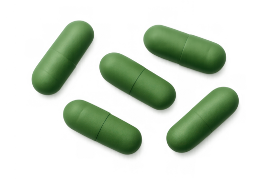Green herbal capsules displaying natural medicine, dietary supplement, wellness, and healthy lifestyle on transparent background