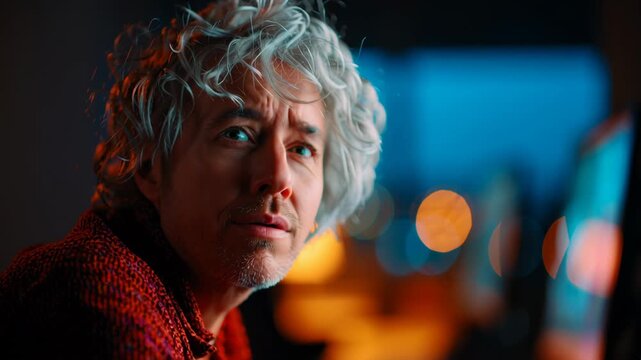 Tired man with gray hair focused workstation computer performing monotonous task late night thoughtful stare dim office light