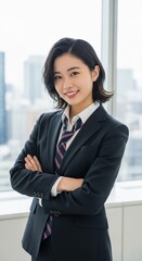 スタイリッシュな女性のスーツ姿：スーツとネクタイをおしゃれに着こなした日本人女性モデル