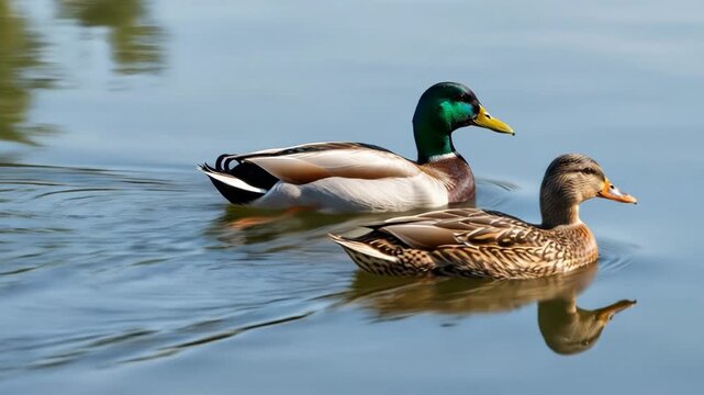 Two mallard ducks swim on calm water, reflected in the surface
