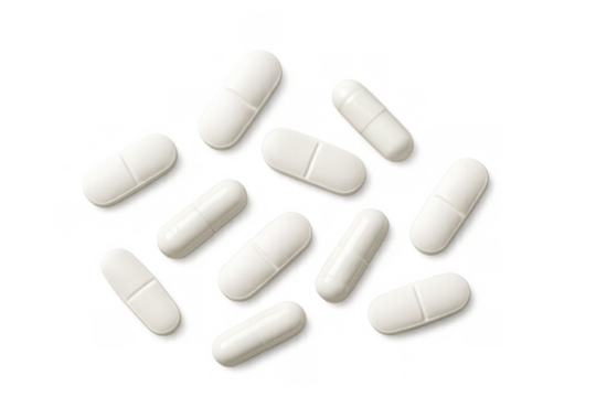 White pills and capsules spilling, medication, supplements, healthcare, and pharmacy concept on transparent background