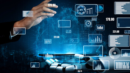 A robotic hand interacts with a digital interface, displaying data visualization and analytics, symbolizing innovation and technology in the modern business landscape. Xenic