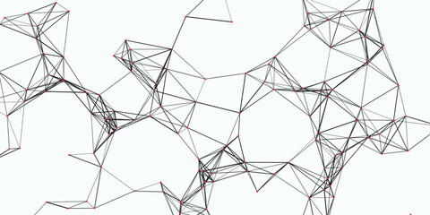 Detailed abstract network of thin black lines connecting small red nodes, creating a complex web-like structure with a sense of interconnectedness and data flow on a white background