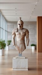 A Tall Museum Statue Of A Carved Warrior In Ancient Greek Armor Standing On A Pedestal In A Modern Building With Large Windows And Green Plants
