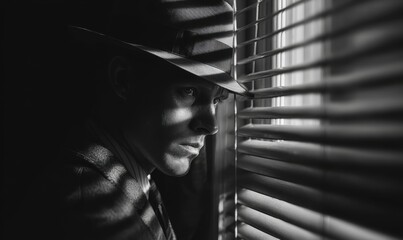 Mysterious Figure Peering Through Venetian Blinds in Dramatic Black and White.