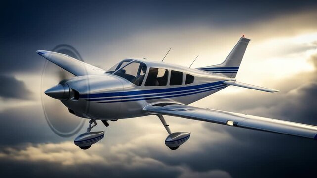 A silver plane with blue stripes soars against a dramatic, cloudy sky