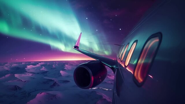 A vivid, highresolution digital artwork of an airplane in flight against a breathtaking backdrop of the aurora borealis. The planes side window is illuminated with a gradient of colors.