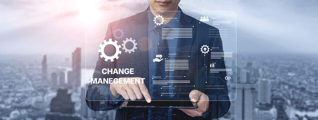 Obraz premium Change management strategy combining innovation, globalization, and teamwork to enable business transformation and emotional engagement in modern organizations Vouch