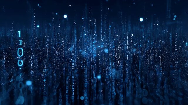 Cascading blue digital data streams, bokeh lights, and sparkles against a dark background create an abstract, techy feel