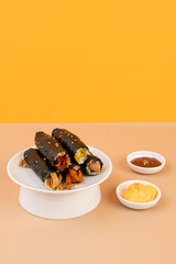 Delicious Korean Gimbap Rolls with Dipping Sauces
