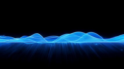Abstract image with blue waves and rays emanating from a horizontal line against a black background