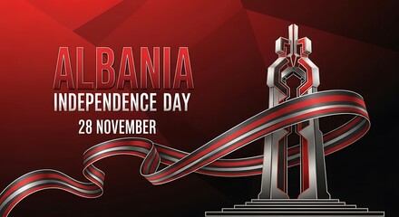 Albania Independence Day: Modern Monument, Ribbon, Red and Black Design.