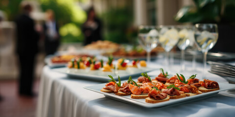 Gourmet canape platter on white linen catering table at outdoor reception, elegant appetizer display with drinks and guests mingling