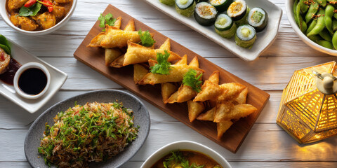 Asian appetizer platter with fried samosa triangle, sushi rolls, edamame and rice at night table lit warmly, inviting and savory