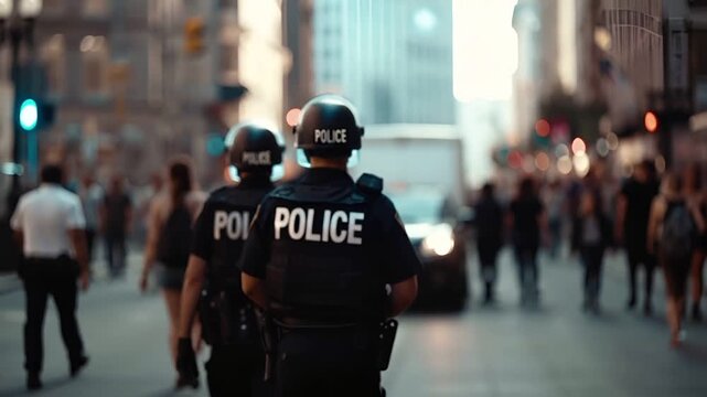A closeup shot of a police officer on a city street during what appears to be a nighttime urban setting. The officer is wearing a black uniform with the word POLICE printed on it.