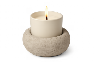 Burning white wax candle lighting stone holder