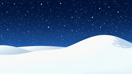 Starry blue night sky over snowy hills; a serene winter scene with simple, smooth, minimalist style