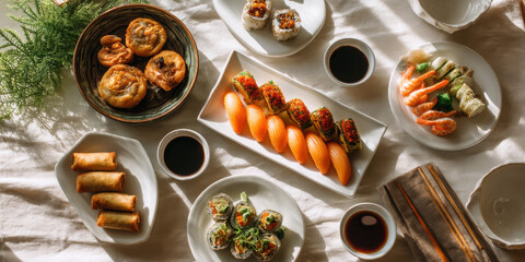 Cozy Asian appetizer spread with sushi, spring roll, dumpling and dipping sauce on linen tablecloth, warm natural light and inviting arrangement