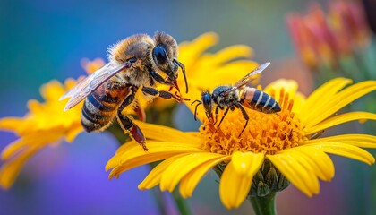 Two bees on a yellow flower collecting nectar in a vibrant garden