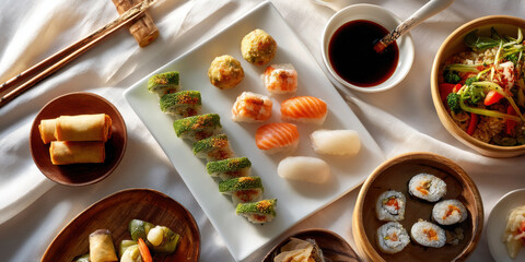 Fresh sushi platter with nigiri, maki rolls and avocado topped roll served with soy sauce, spring rolls and vegetable rice bowl cozy top down scene