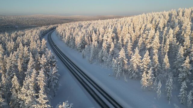 Aerial drone view of the road between Ivalo and Saariselka, Finland