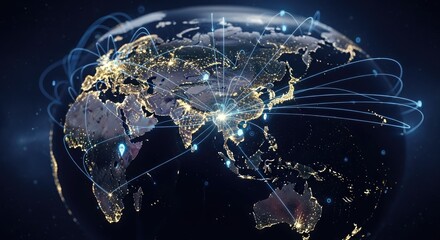 A glowing nighttime globe showcasing global connectivity via illuminated blue lines