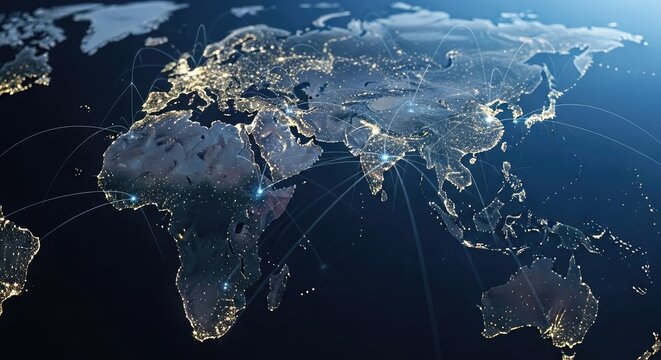 Illuminated world map with interconnected lines, symbolizing global communication and networks