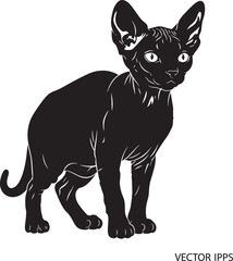 Distinctive black silhouette of a sphynx cat standing proudly with wide eyes and large ears ready for any project