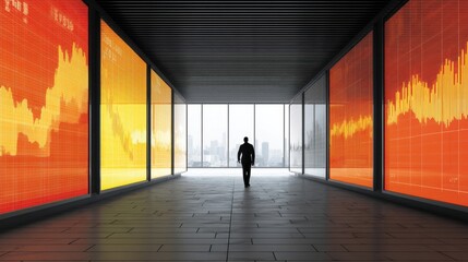 Business Professional Walking Towards Financial Data Screens in Modern Office Environment with Stock Market Graphs and Cityscape View