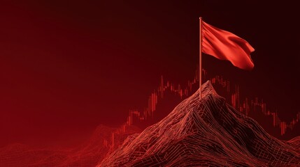 Red flag on mountain peak with digital graph background symbolizing warning in financial decline and market volatility in trading