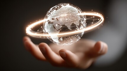 Futuristic Digital Globe in Hand with Glowing Orbit and Network Connections Representing Global Technology and Communication Innovations