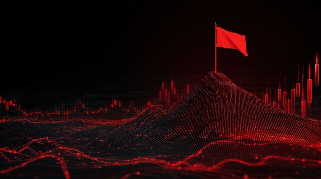 Red Flag on Mountain Peak Surrounded by Digital Data Waves and Financial Charts in Dark Background for Stock Market Concept and Risk Awareness - Powered by Adobe