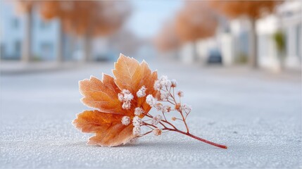 Macro Photography Of Frosted Autumn Leaf On Ground Detailed Close Up Of Orange Leaf With Frost Crystals On A Misty Road With Blurred Trees And Houses Background Natural Seasonal Beauty