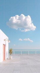 Minimalist Architectural Photography of an Empty Terrace with White Building and Coral Door Overlooking the Ocean Under a Clear Blue Sky with Fluffy Clouds