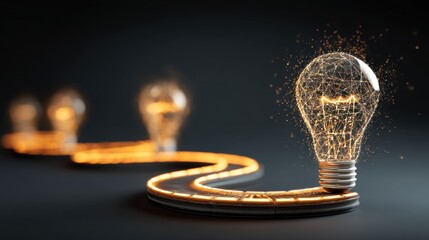 Abstract representation of glowing light bulbs on a winding path, symbolizing creativity and innovation in a dark background setting