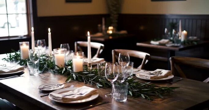 Elegant dining setup with candles and greenery in a cozy restaurant