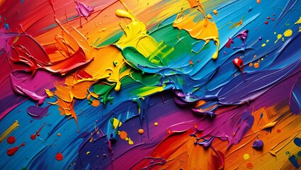 Vibrant abstract oil painting with thick impasto brushstrokes in a spectrum of colors