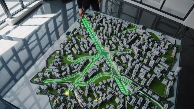city model with green corridors, inspecting miniature city with ecotransport paths, analyzing detailed model of sustainable transportation corridors and urban planning