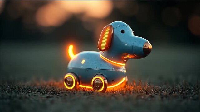 Animated dog toy in warm light on green grass background