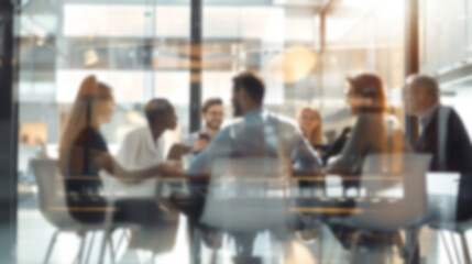 Blurred image of meeting in modern office with group of business people sitting around table, concept for corporate background.