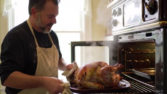 A man wearing an apron removes a roasted turkey from an oven in a kitchen.