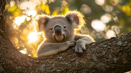 Koala in tree, backlit by golden sunlight.