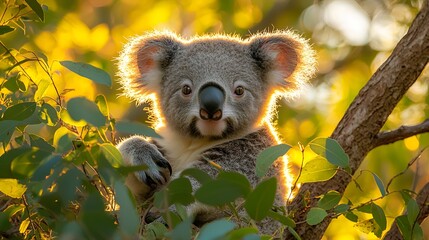Adorable koala joey perched on eucalyptus tree, backlit by golden sunlight.